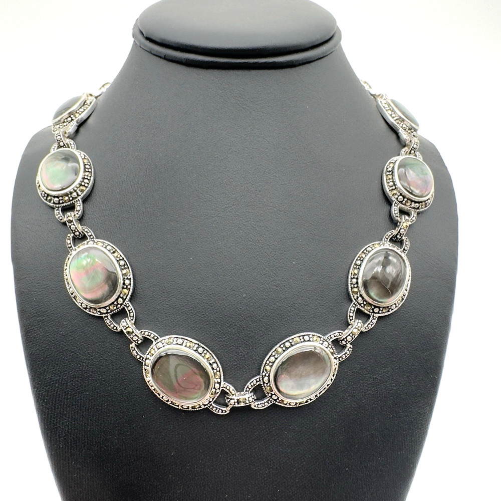 Abalone Shell Necklace Silver Tone Marcasite Halo Oval Link 18"